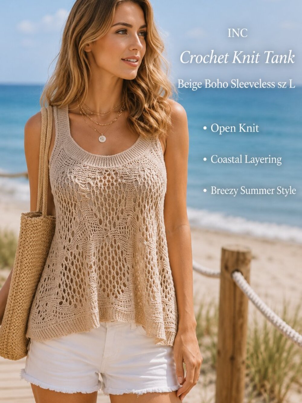 INC Tank Crochet Relaxed Flare Boho Hippie Relaxed Fit Sleeveless Beach Vacation